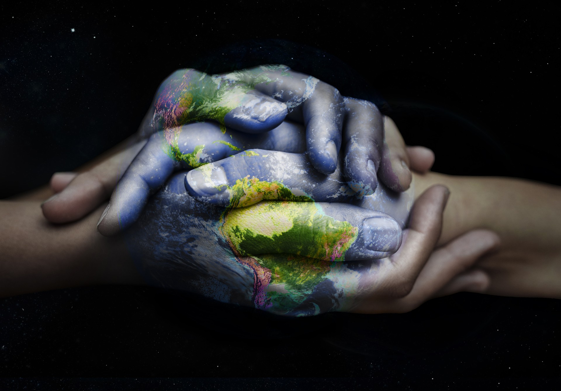 Earth overlay, holding hands and sustainability support of people with global love and empathy. Sustainable, green and  hands together for international help, eco friendly trust and ecology helping